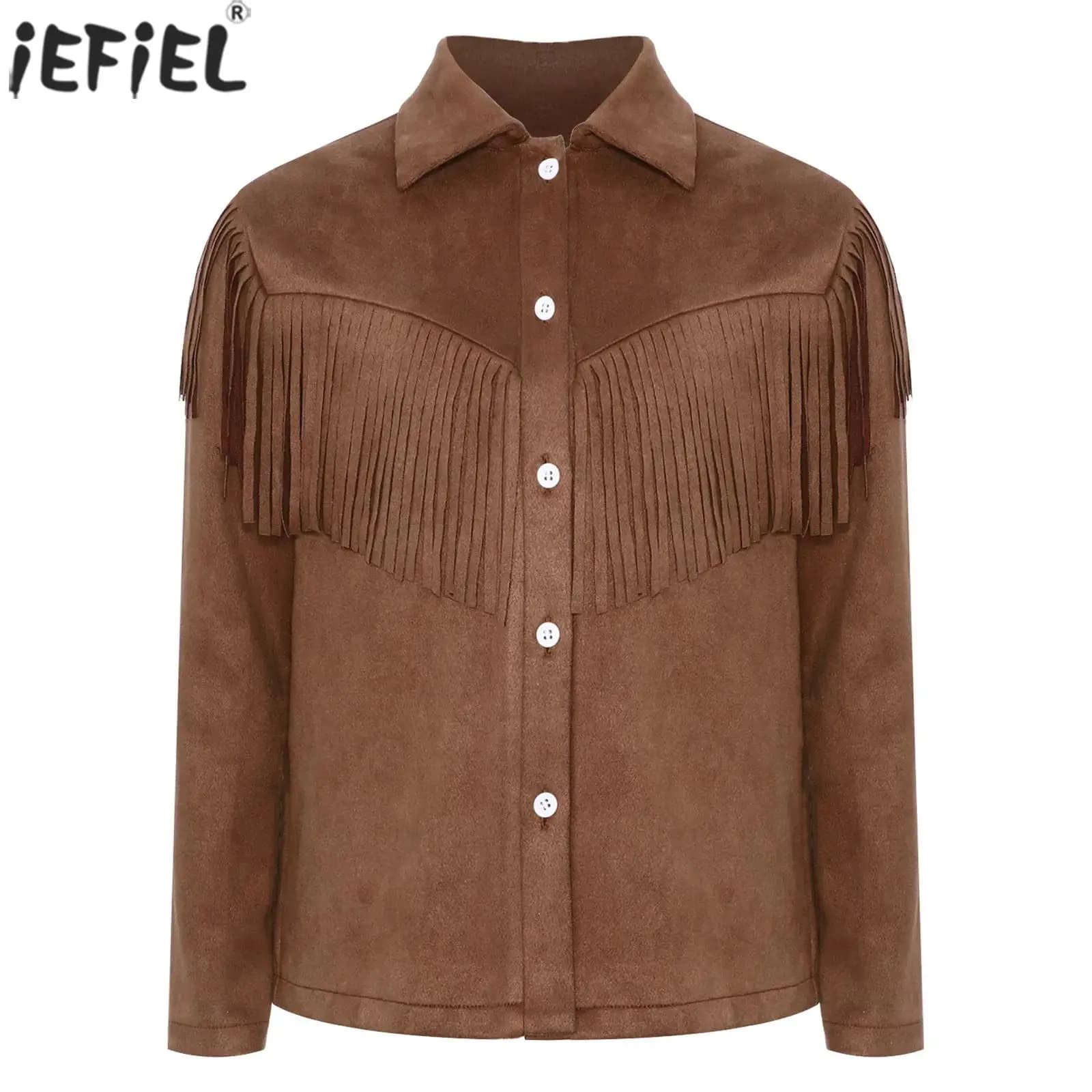 Costume da cowgirl da cowboy occidentale per ragazzi e ragazze, manica lunga, cappotto in pelle scamosciata con frange vintage, top per feste di carnevale di Halloween
