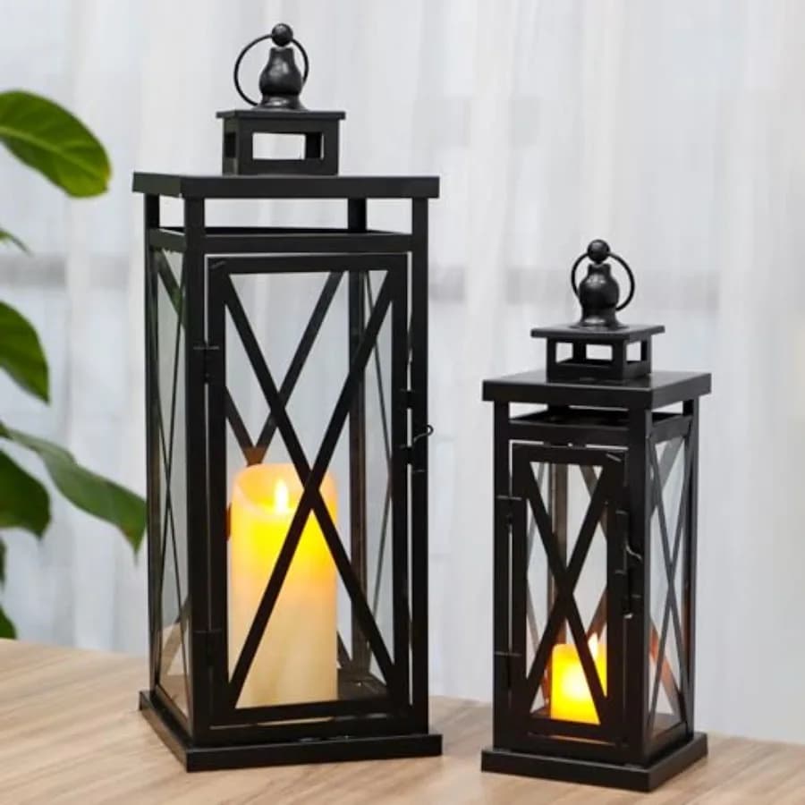 Set di 2 Lanterne Decorative per Candele, 20'' e 11'' di Altezza, Portacandele in Metallo, Lanterne Sospese con Vetro Temperato, Perfette per Interni