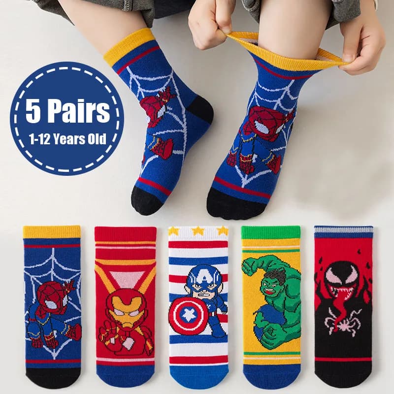 5 paia di calzini per bambini Cartoon Spiderman Calzini da ragazzo Primavera Autunno Calzino a tubo centrale in cotone Calzini per bambini carini Taglia 1-12 anni