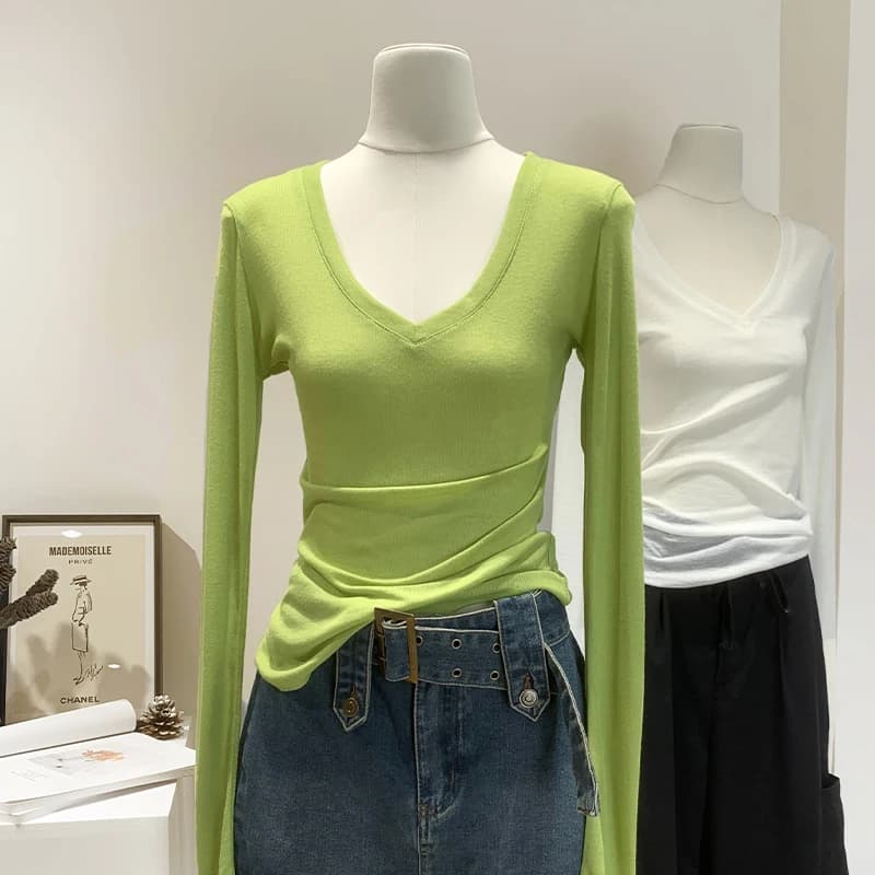 Summer Thin Long Sleeve V-Neck Ice Silk T-Shirt Women's Loose Fit Air Conditioning Top Korean Style Pure Color Commute Style