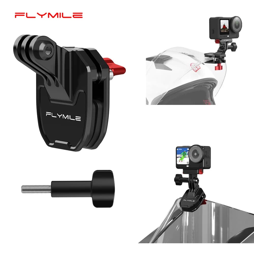Support for camera with Flymile motorcycle windscreen clip, POV video recording for cycling, compatible with DJI Action/Insta360/GOPRO, mounting on helmet.