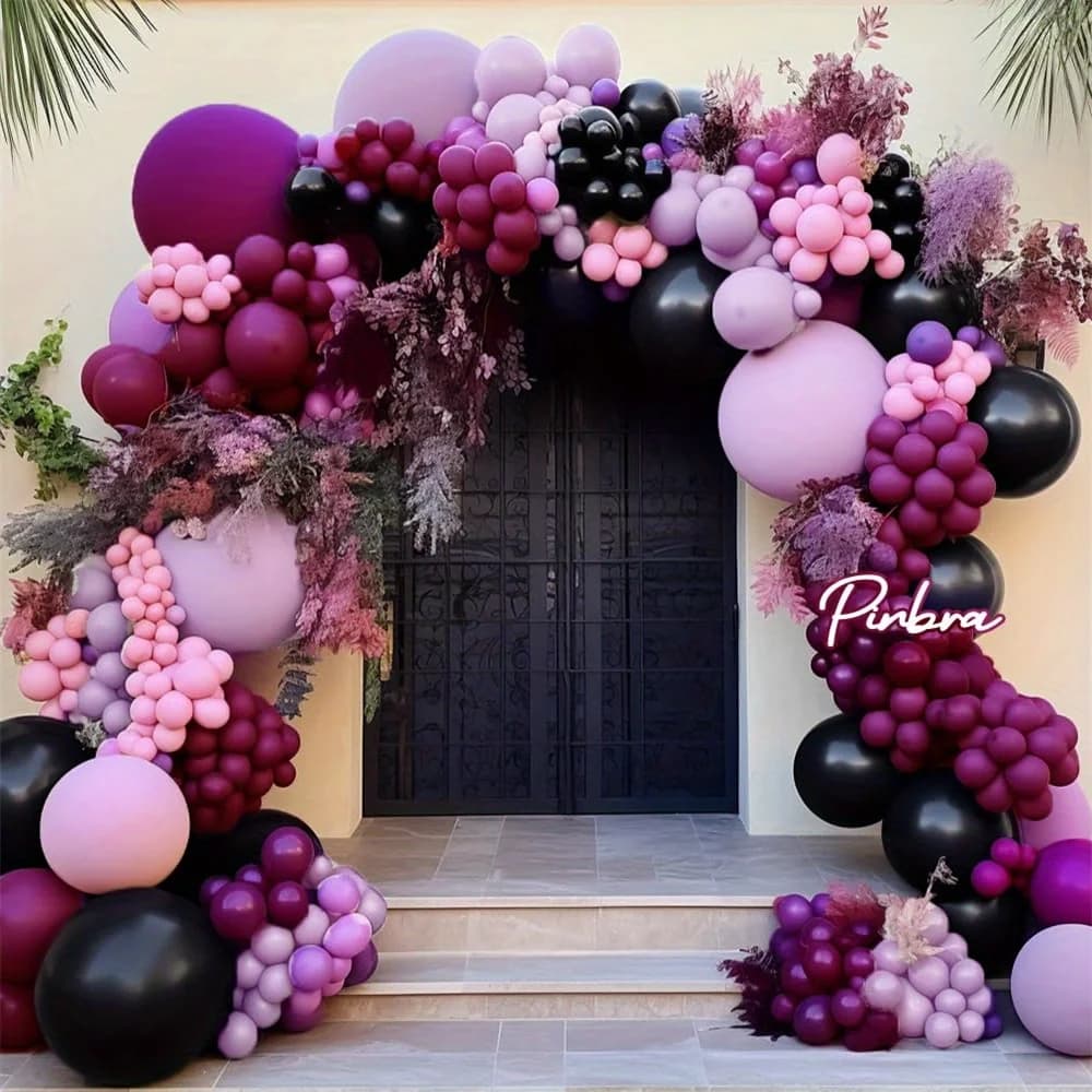 Set di 124 anelli di fiori di Taro Taro con palloncino nero rosa viola, adatti per eventi a tema in stile scuro, feste di compleanno, anniversari