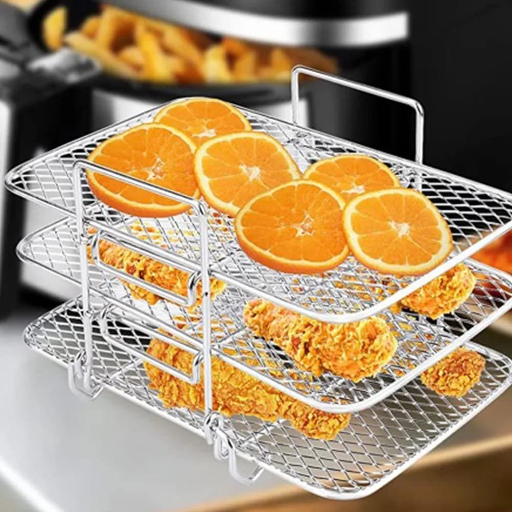 Griglia per Friggitrice ad Aria in Acciaio Inossidabile a Tre Livelli Impilabile per Carne, Snack, Verdure, Cottura, Disidratazione, Raffreddamento, Salvaspazio