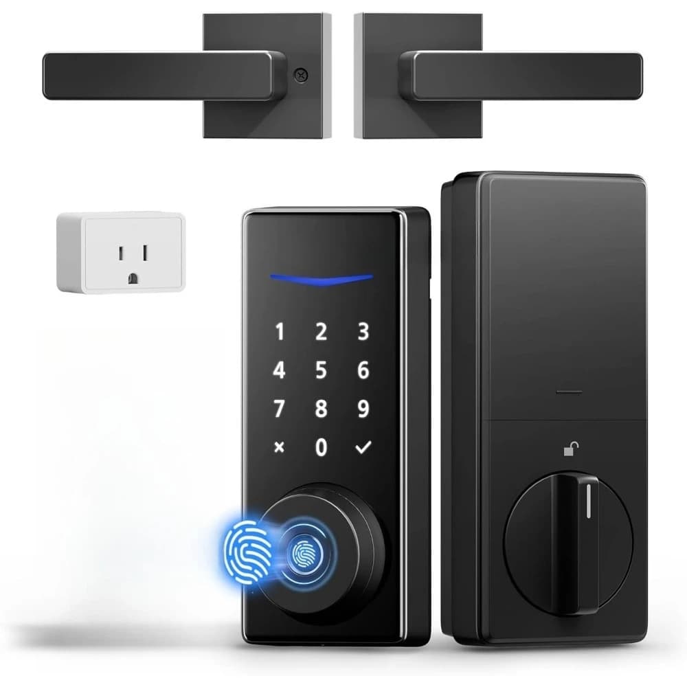 Serratura Intelligente WiFi con Impronta Digitale e Maniglia, Controllo Remoto tramite APP e Vocale, Chiusura Automatica, Nera