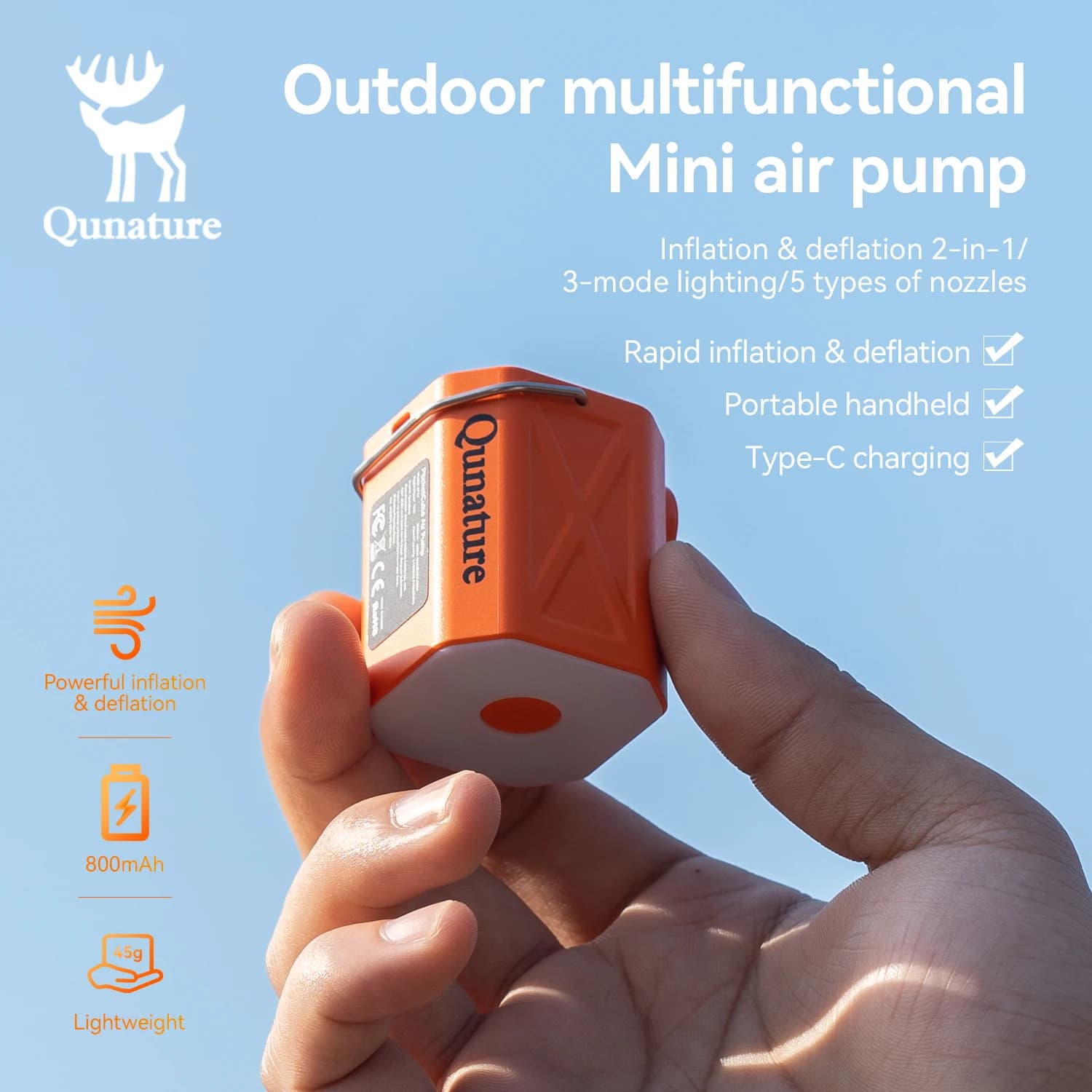 Pompa ad aria Qunature, gonfiatore elettrico da esterno per materassi e cuscini, illuminazione a 3 modalità, pompa portatile e leggera