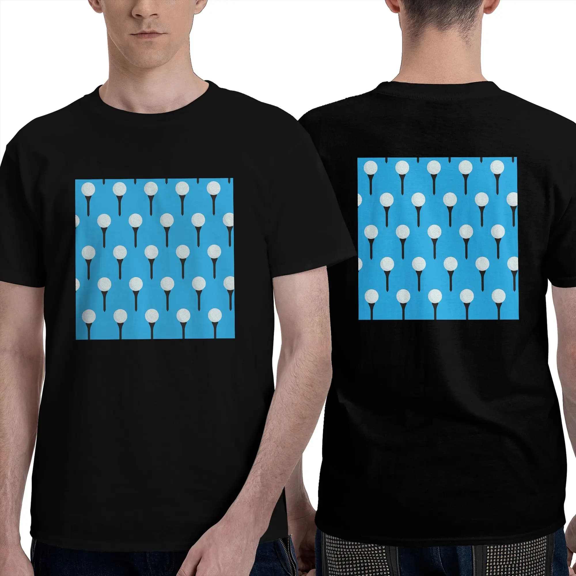 T-shirt da uomo con motivo pallina da golf e tee (blu ciano) a doppio lato, oversize, girocollo, in cotone, a maniche corte, estiva