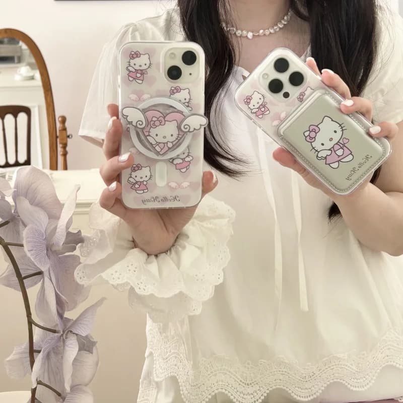 Simpatico cartone animato Hello Kitty Ali d'angelo Portafoglio Magsafe Custodia di ricarica wireless per Angel KT Supporto magnetico IPhone 14 15 16 17Pro Max