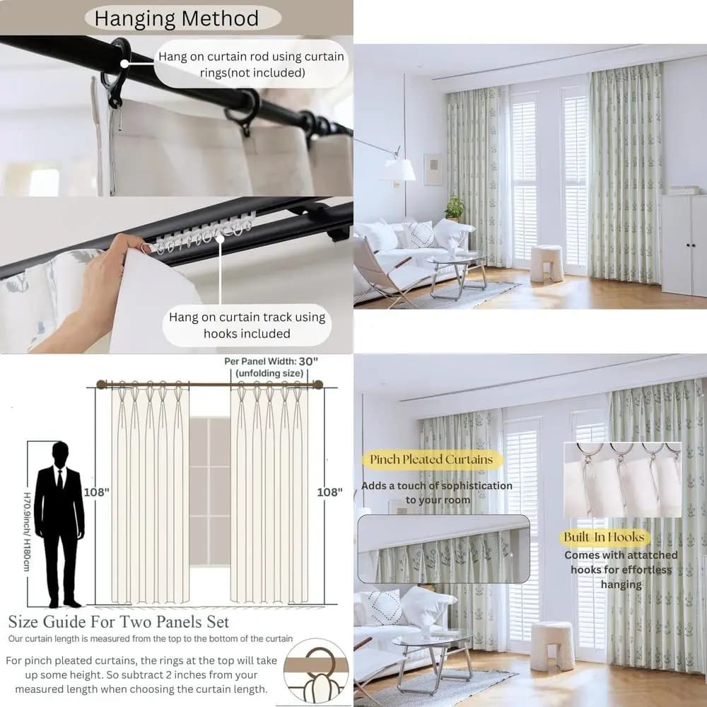 Elegant pleated floral linen curtains - Light filtering, 2 panels, antique white, 30x108