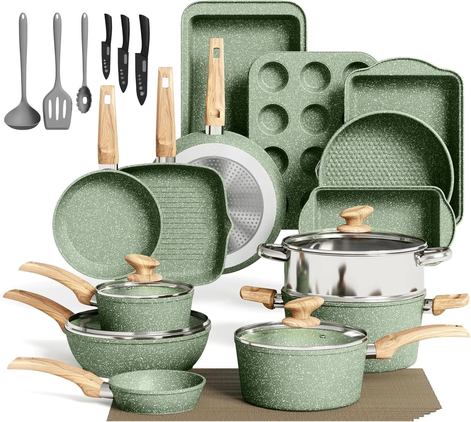 30 Piece Pots and Pans Set Non Stick, Kitchen Cookware & Bakeware Sets with Nonstick Granite Coating, Baking Tray, Frying Pan an