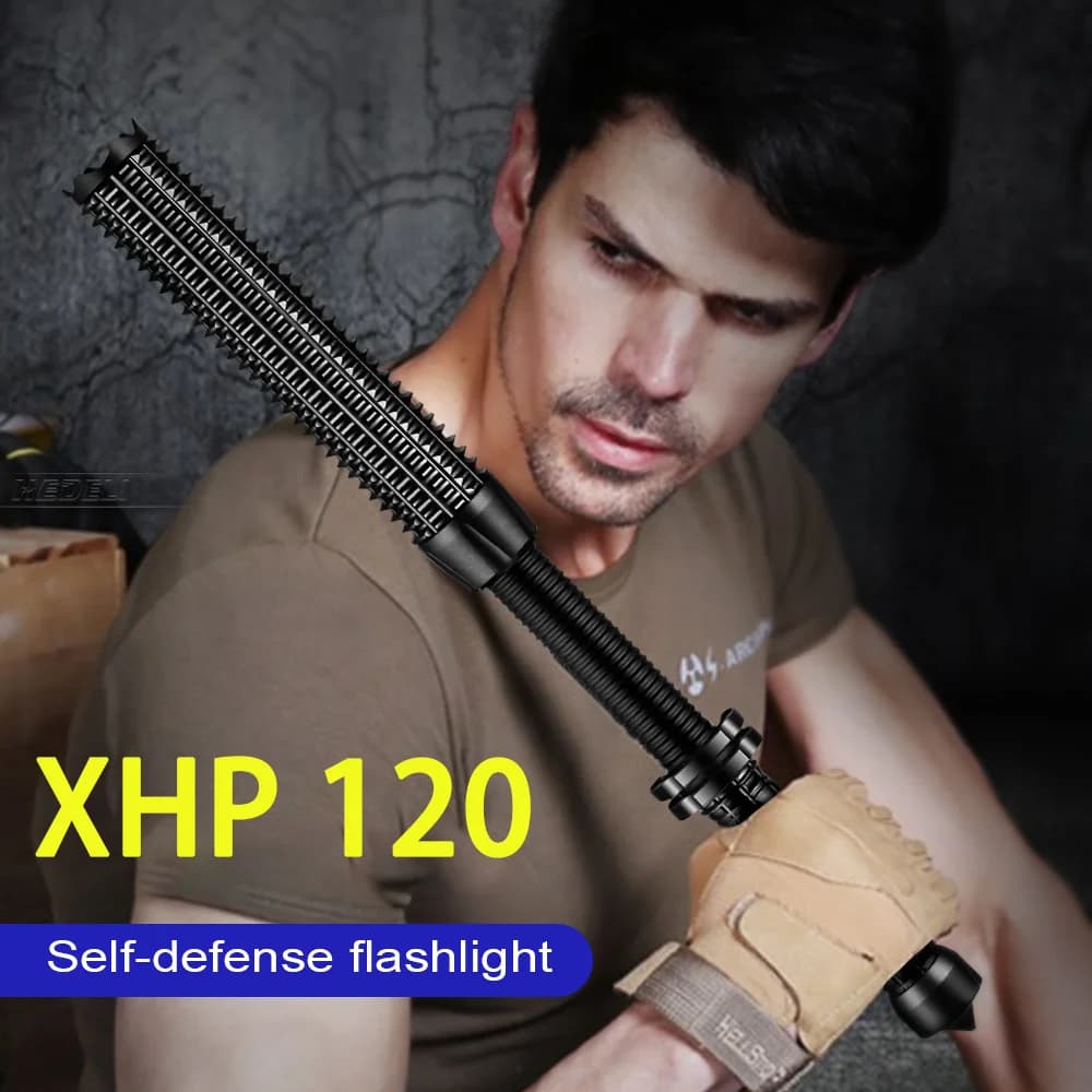 Torcia di difesa telescopica Torcia LED XHP120 ad alta potenza Torcia tattica impermeabile 18650 Baton ricaricabile