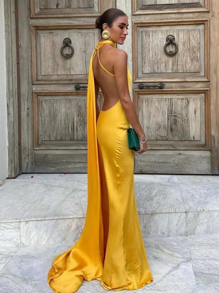 Abiti lunghi senza schienale da donna Abito lungo con scollo all'americana con lacci con sciarpa Abito sottile senza maniche solido 2024 Nuovi abiti eleganti da festa per signora