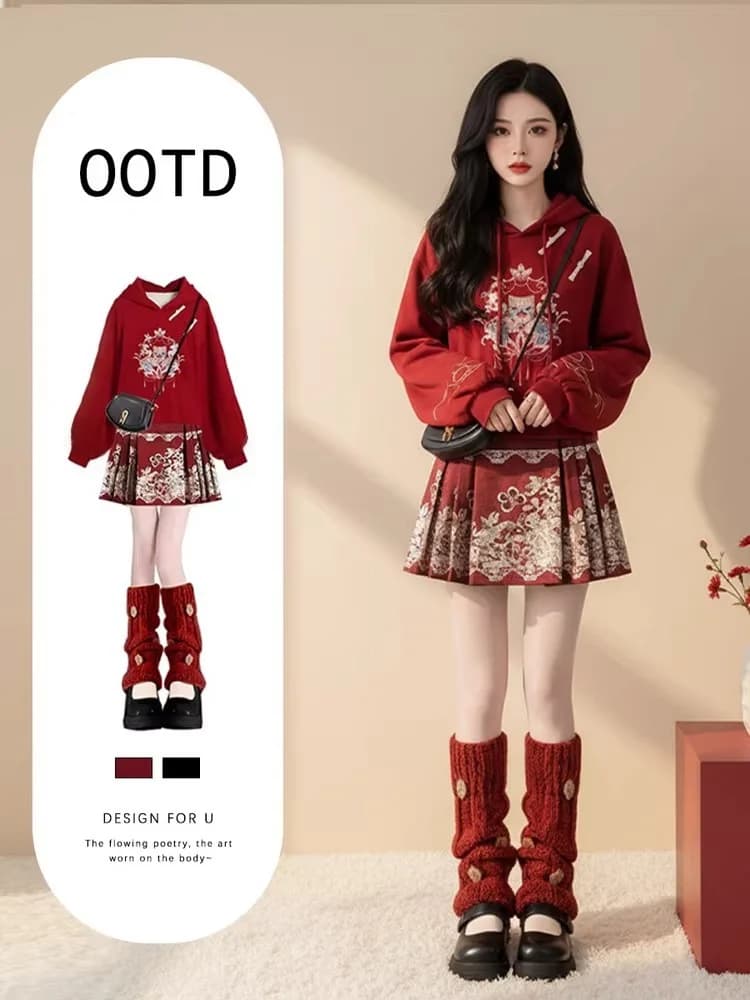 Nuovo Set Autunno Inverno in Stile Cinese, Felpa Rossa da Donna per il Capodanno, Abbinata a Gonna Hanfu Ma Face Migliorata, Gonna Corta Plissettata