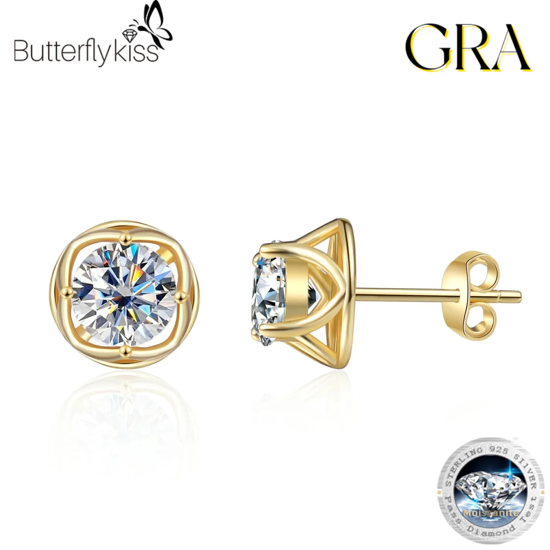 Butterflykiss Round Earrings Moissanite Total 2CT Sterling Silver Button Earrings 100% for Women Birthday Gift 18K Gold Plated Jewelry