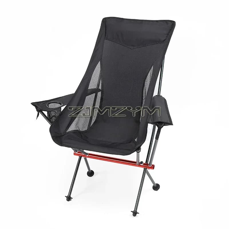 Sedia da campeggio con schienale alto, sedia pieghevole portatile con portabicchieri, bracciolo e borsa per il trasporto; Supporta fino a 150kg, nero/grigio/Beige