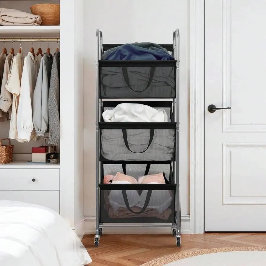 3-Tier Rolling Laundry Hamper With Removable Mesh Bags Stackable Clothes Sorter On Wheels For Bedroom Bathroom