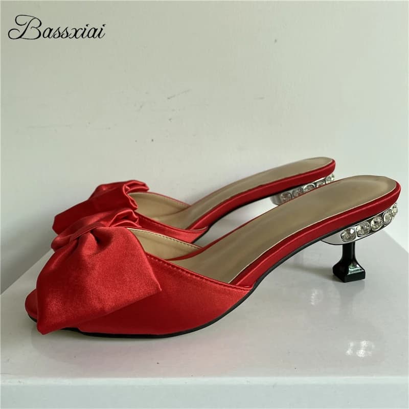 Luxury Satin Butterfly-Knot Sandals Women Jeweled Diamond Goblet Heel Slingbacks Summer Mules For Girls