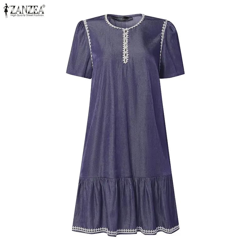 Elegant short dress for women with lace patchwork, short sleeves, curled edge, knee length, summer dresses ZANZEA with O neckline, women's wide dresses