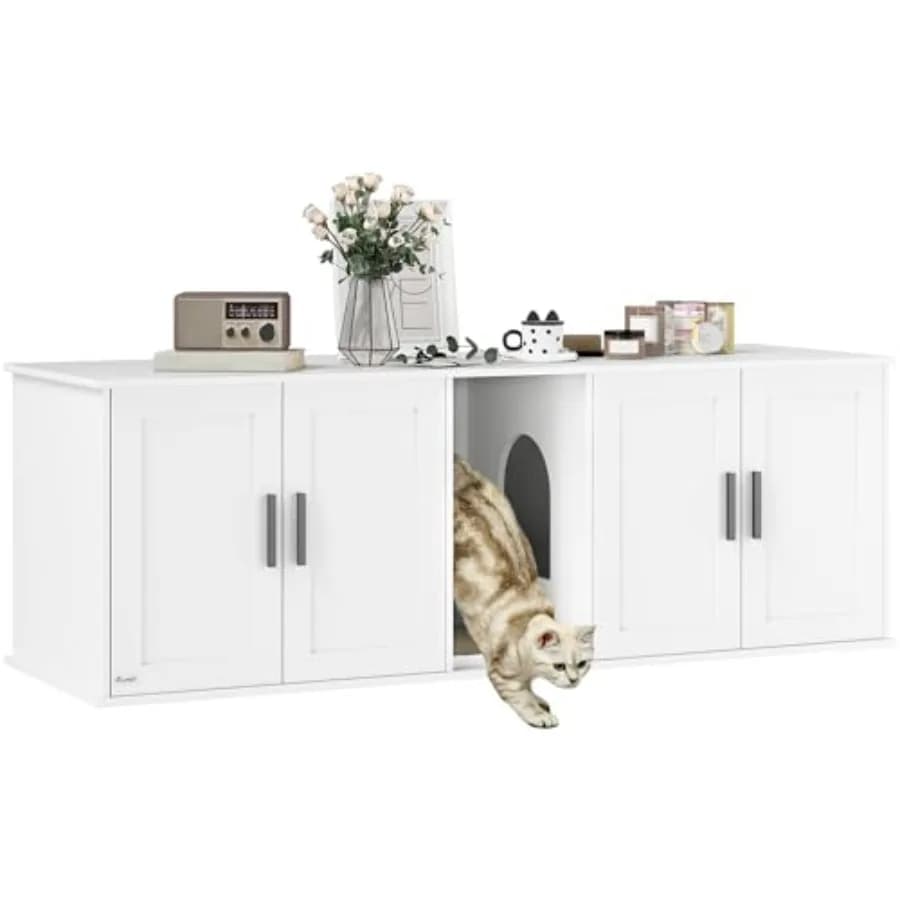 Mobiletto per lettiera per 2 gatti, lettiera nascosta con doppio scomparto, tappetino antigraffio, mobiletto per bagno per gatti 57 x 1