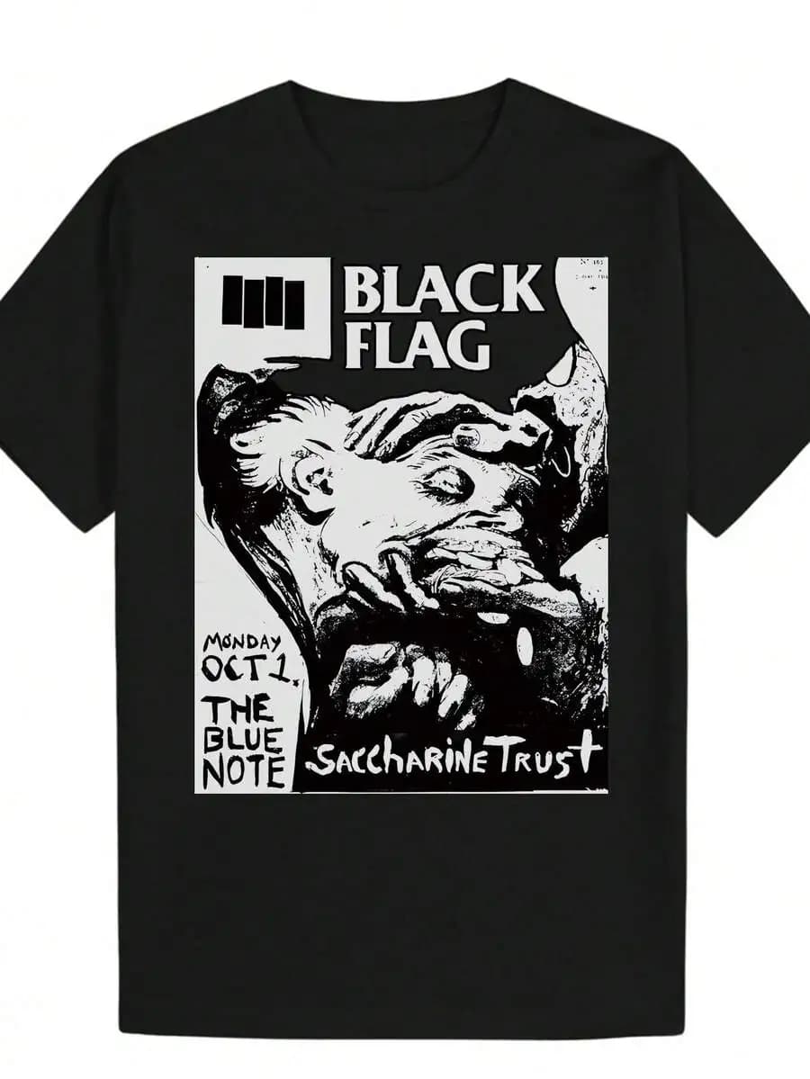 T-shirt casual da uomo con grafica Black Flag - Stampa BLACK FLAG, girocollo, manica corta, estiva