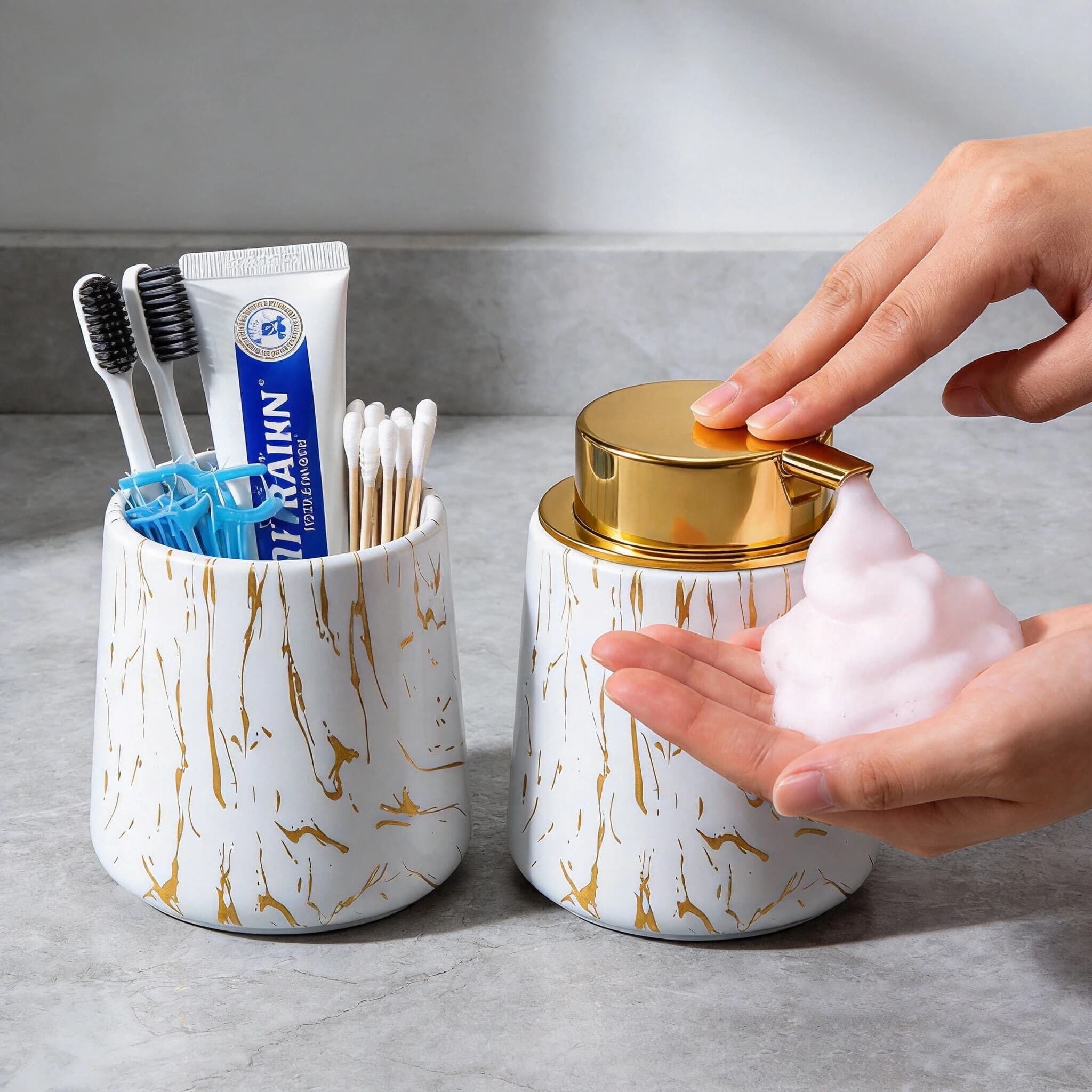 Dispenser di Sapone in Schiuma Impermeabile per Bagno e Porta Spazzolini, Facile da Pulire per Bagni e Lavelli della Cucina Eleganti e Umidi