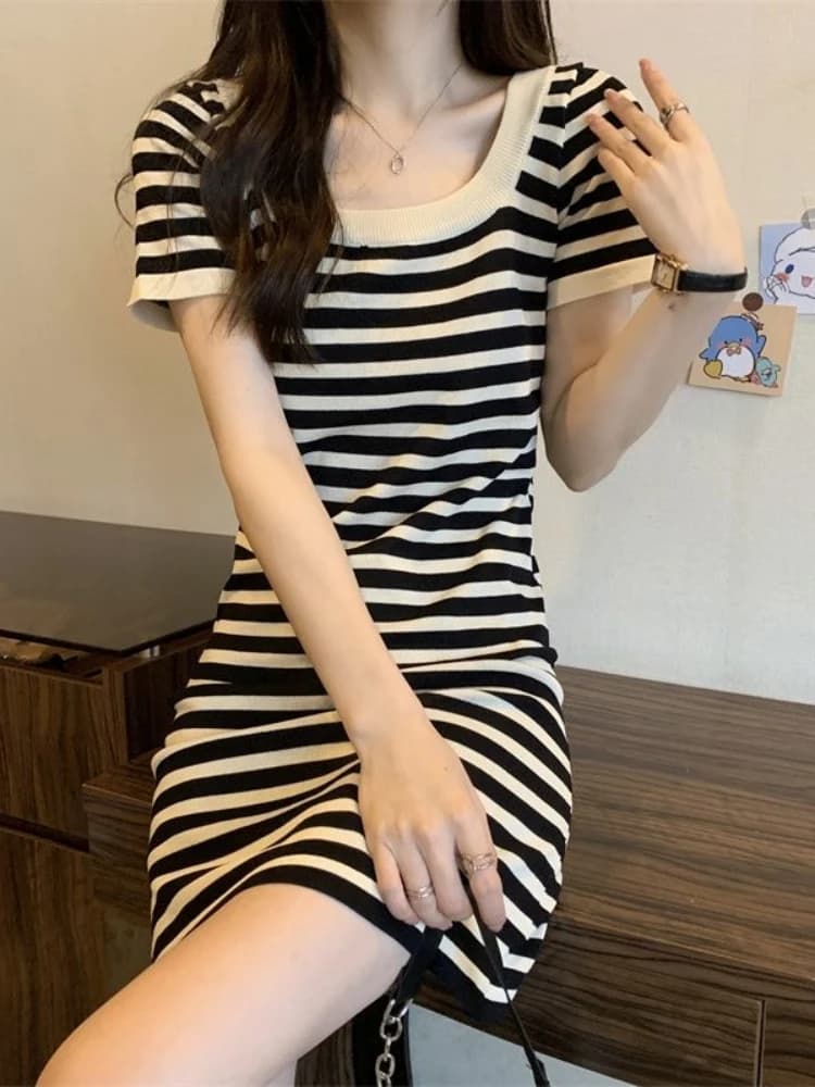 Retro Striped Square Neck Short Sleeve T-Shirt Dress Women Summer Knitted Slimming Bodycon Short Skirt High Waist Polyester