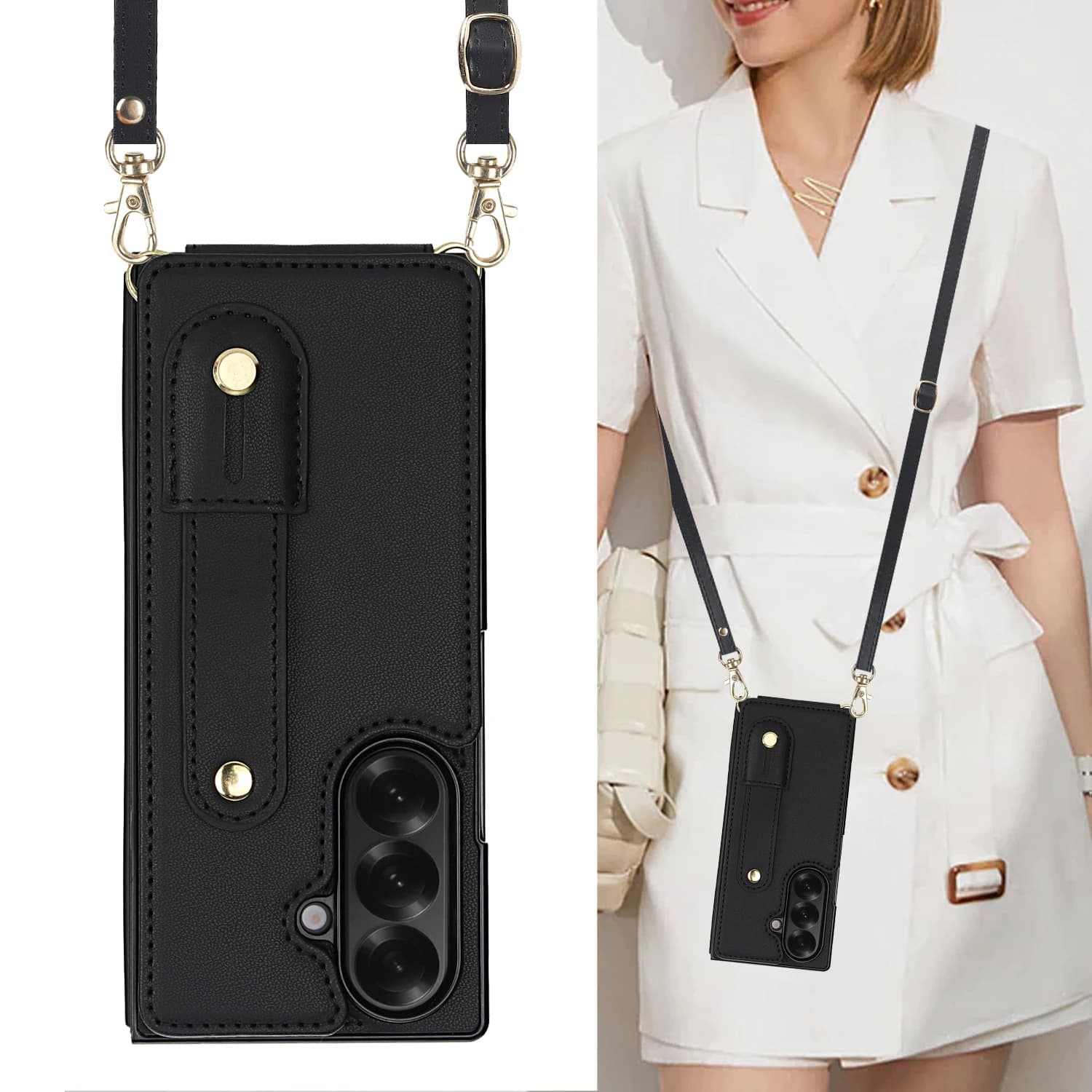 Strap Phone Case for Samsung Galaxy Z Fold 7 Fold6 5 4 Wallet Case with Leather and Metal Card Holder with Strap