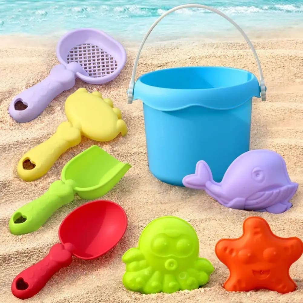 Set di giocattoli da spiaggia per bambini con rastrelli a secchiello per pala, costruzione di castello di sabbia all'aperto, giochi da spiaggia estivi, strumenti per scavare la sabbia