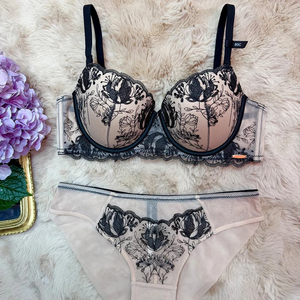 Women Midnight Whisper Floral Embroidery Lingerie Set Underwire Half‑Cup Bra & Panty 2‑Pcs Sheer Mesh Romantic Intimate Underwea