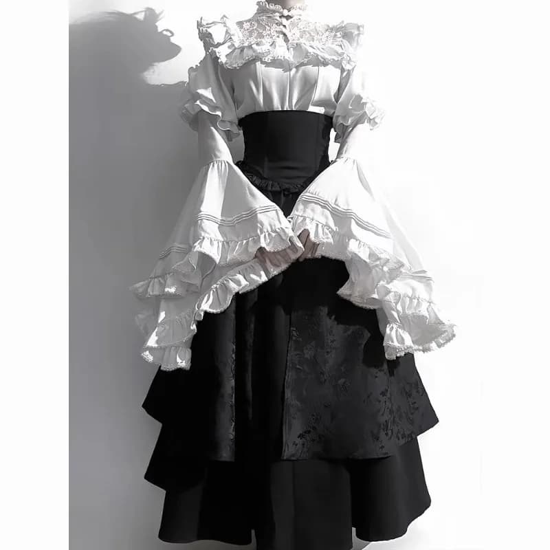 2025 New Gothic Shirt Y2k Top Lolita Girls Ruffle Umbrella Skirt High Waist Long Skirts Horn Long Sleeve Student Elegant Blouse