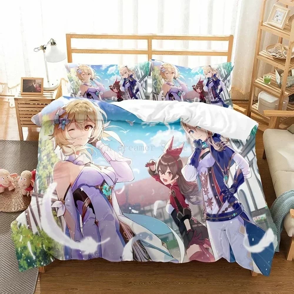 Genshin Impact Set biancheria da letto Copripiumino Lenzuolo Set letto stampato Federa Letto Full Queen King Size Piumino Camera da letto
