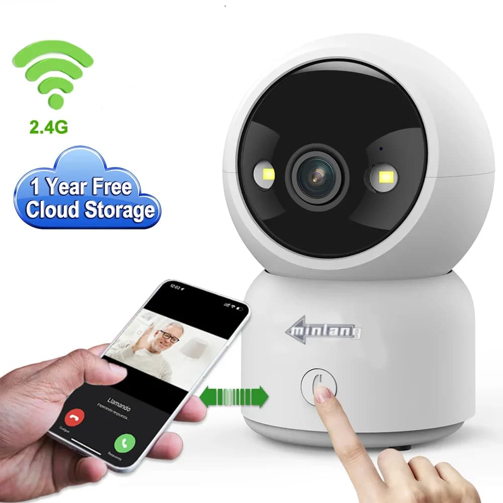 Telecamera WiFi per Interni Minlang con Sensore CMOS 2K, Monitor per Cani e Bambini, 24GHz, Rotazione 180°, Audio Bidirezionale, Visione Notturna, Controllo tramite App
