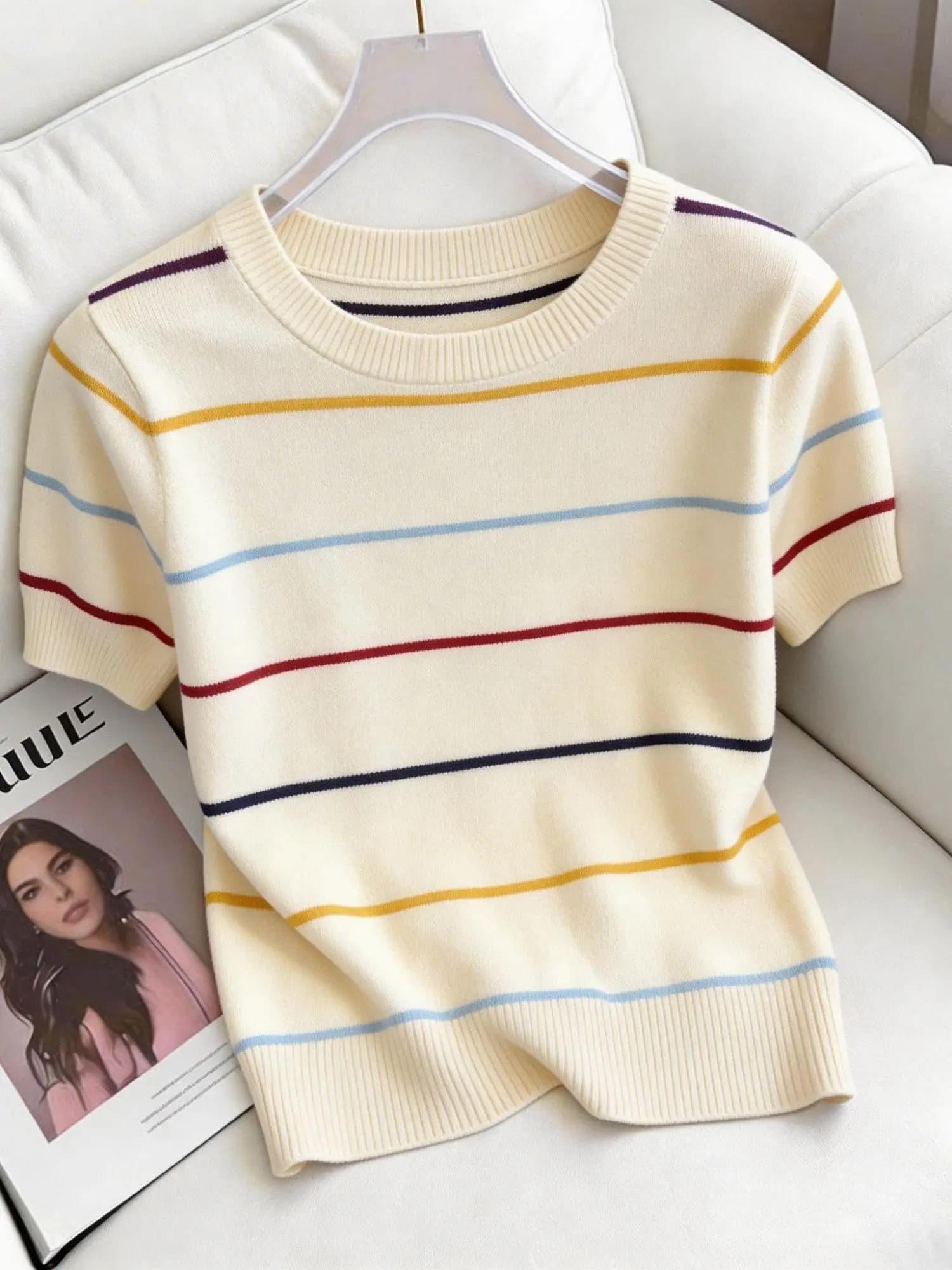 Summer Thin Ice Silk Loose Short Sleeve Knitted T-Shirt Women's Casual Style Comfortable Breathable Rainbow Stripes Top