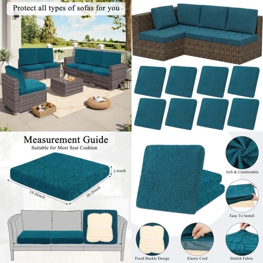 HEBE Stretch Patio Cushion Covers Set 8pcs, Waterproof Outdoor Couch Covers Replacement, Washable Reusable Seat Cushion Slipcov