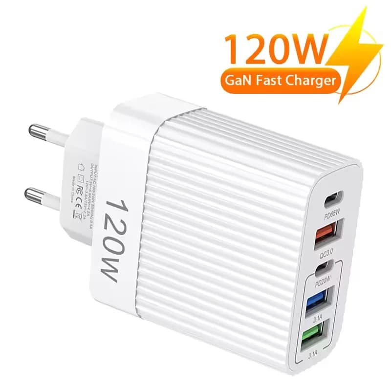 Caricatore USB C da 120W con 5 Porte, Ricarica Rapida PD, Adattatore da Muro Quick Charge 3.0 per iPhone 15 Pro, Samsung, Xiaomi, Huawei
