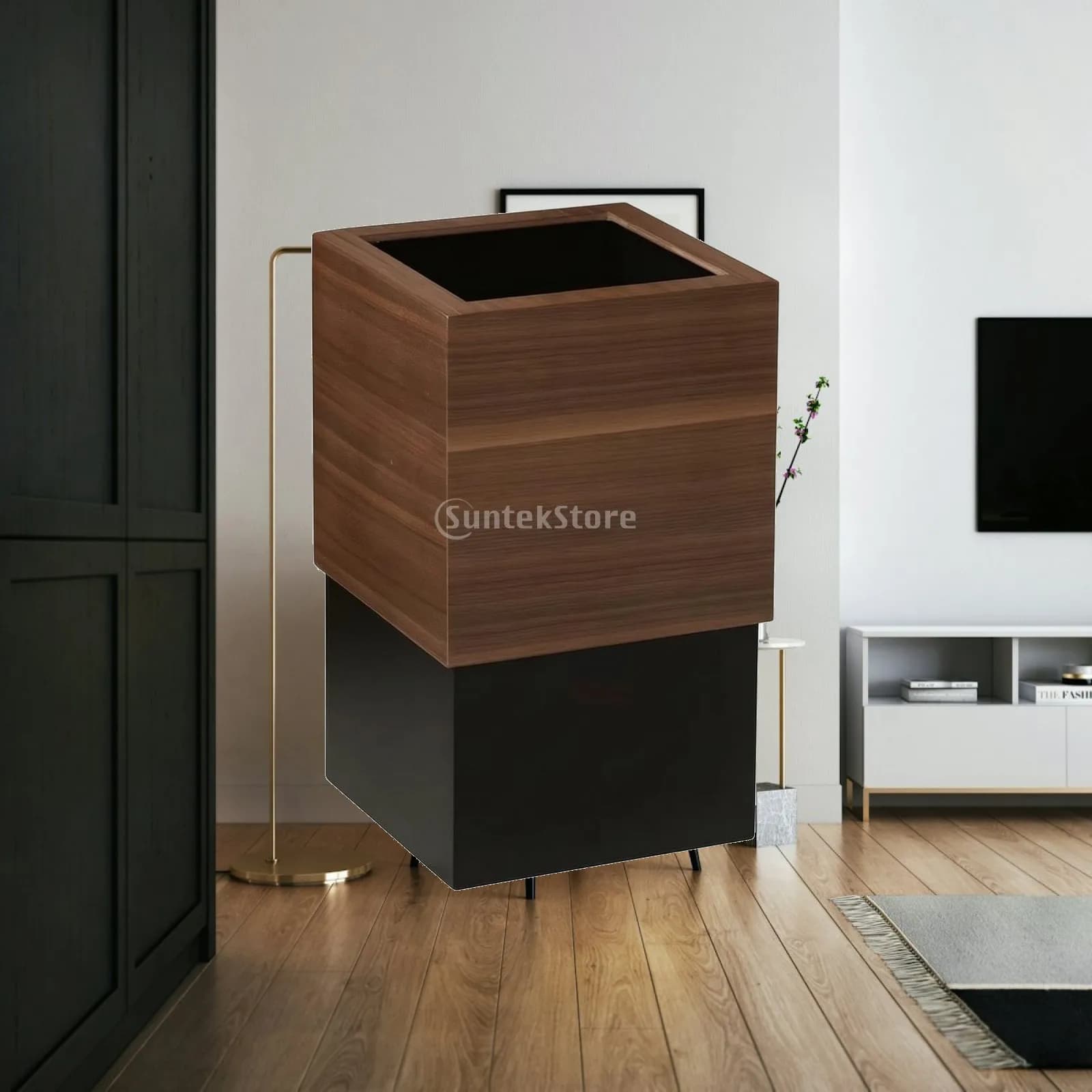 Round Wood Veneer Lid Trash Can with Separate Inner Vessel for Easy Cleaning Living Room Bedroom Decor