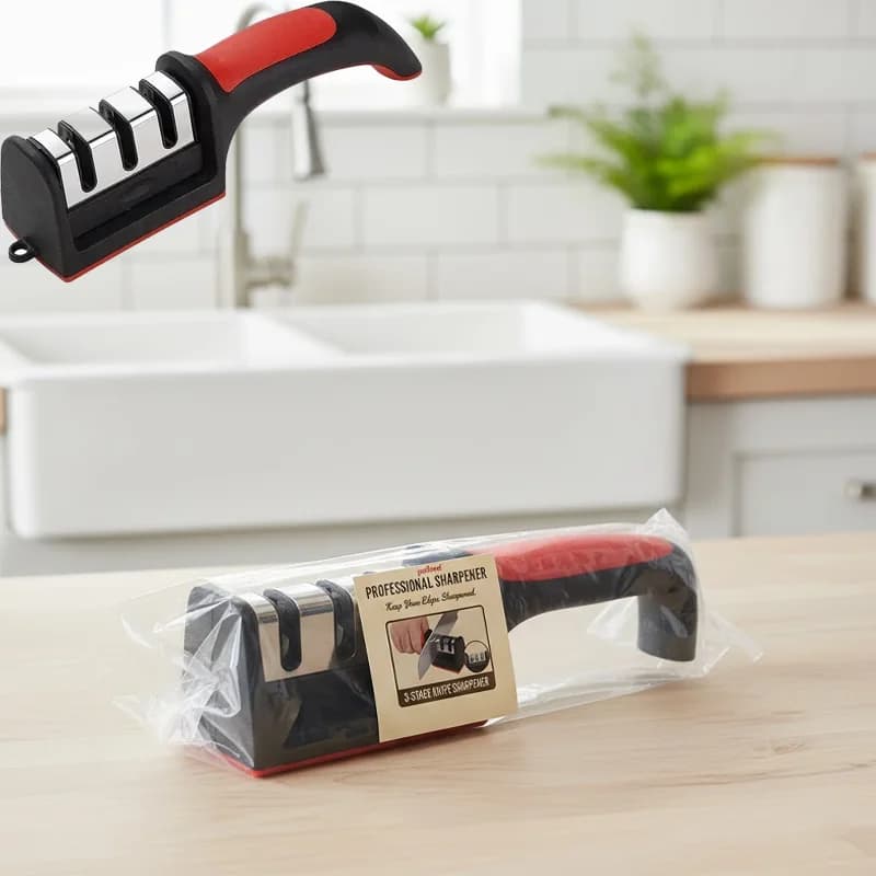 Affilacoltelli a 3 Fasi Professionale con Impugnatura Antiscivolo per Coltelli da Chef, Forbici e Utensili da Cucina