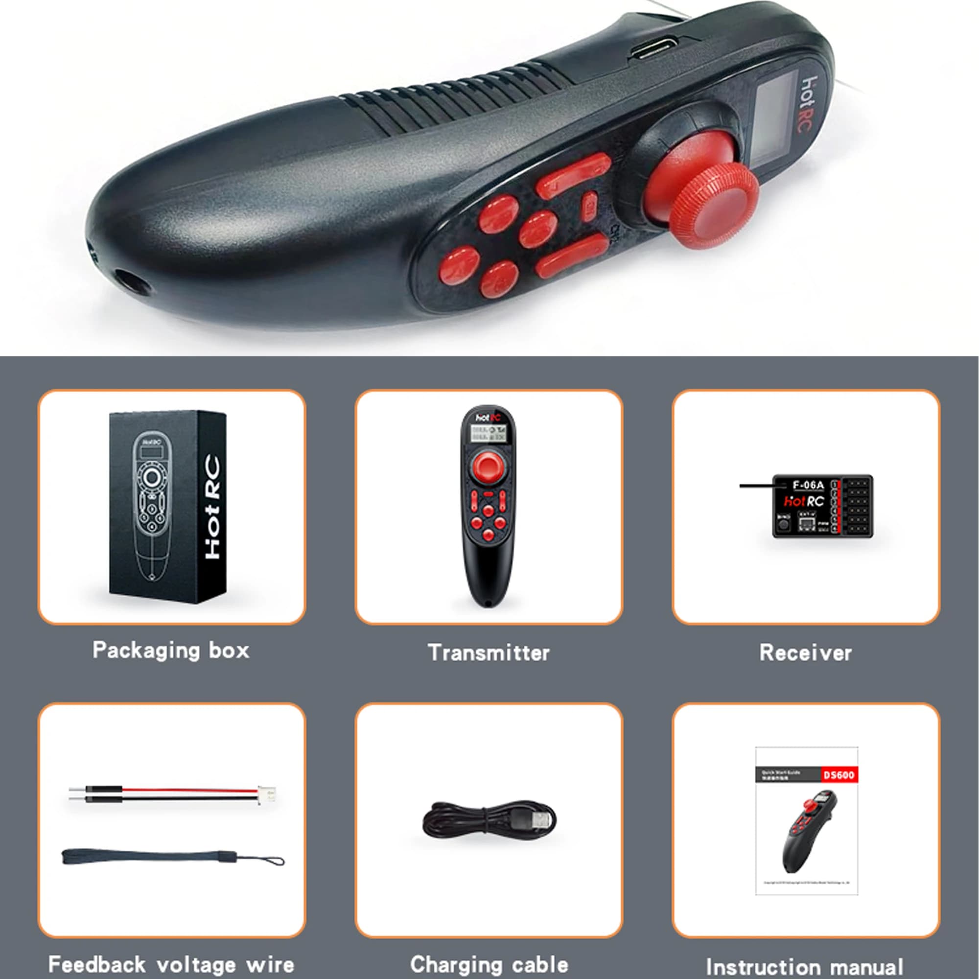 HOTRC DS-600 6CH 2.4GHz Radio System Transmitter Remote Controller with F-06A Channel Receiver for RC Boat