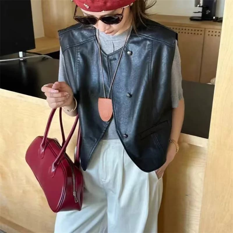 Gilet Corto Irregolare Senza Maniche da Donna, Giacca in Pelle Stile Coreano, Top Casual Ultra Corto, Nuovi Arrivi Autunnali