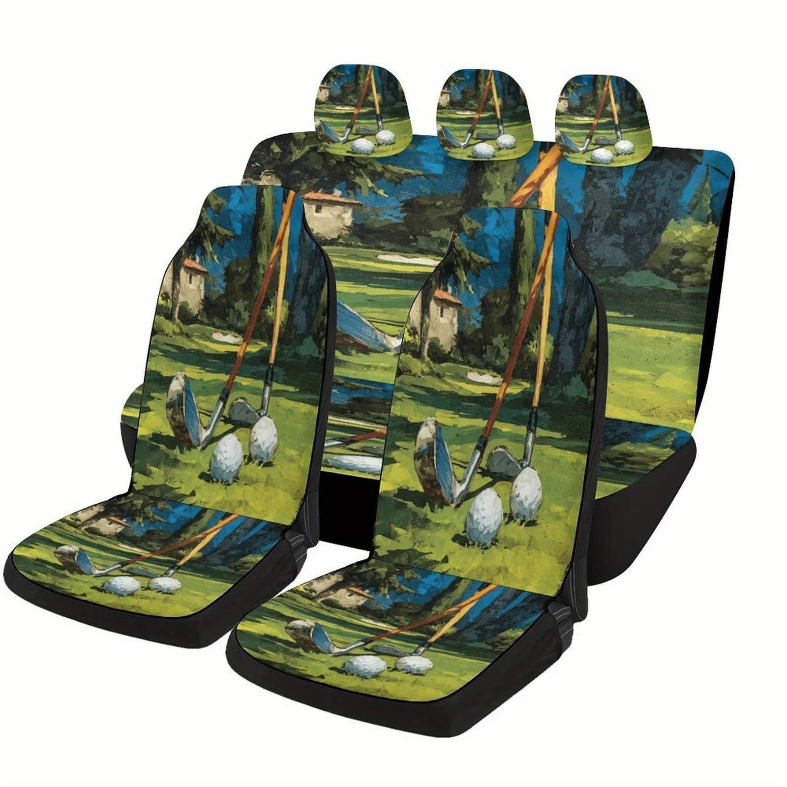 Golf Clubs And Balls Designed Car Seat Cover Set For Most Cars, Trendy Advanced High-quality Car Seat Protector Covers Full Set