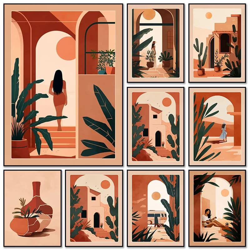 Poster Moderni Boho in Terracotta Marocchina, Quadri e Stampe con Diamanti, Immagini d'Arte da Parete per Soggiorno e Decorazione Casa