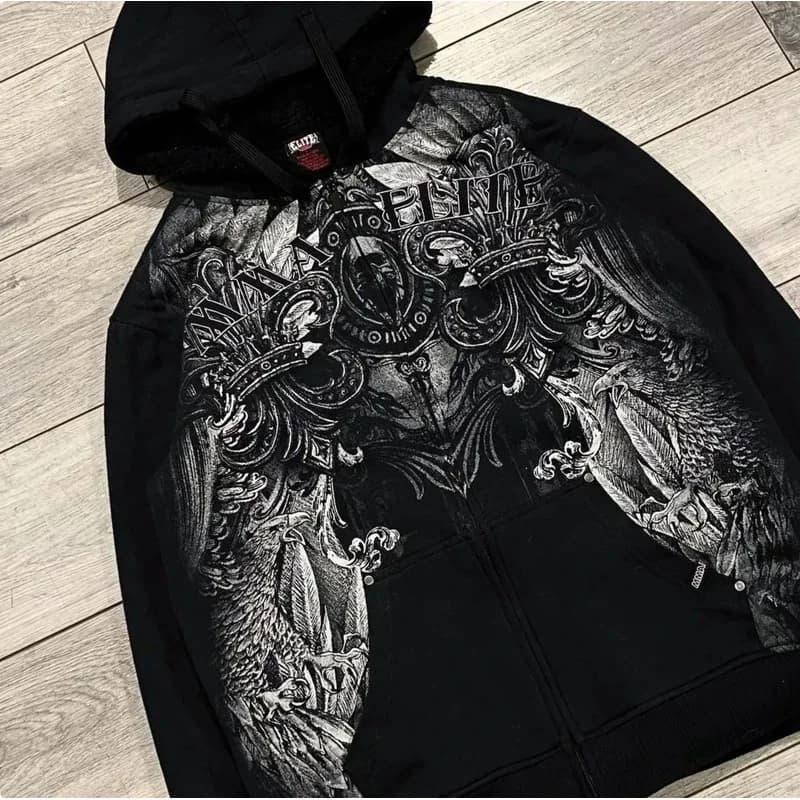 90s Ecko Unisex Gothic Hoodie Fox Y2K Oversized Zip Up Sweatshirt Dark Streetwear Skull Print Pullover Couple Casual Punk Style