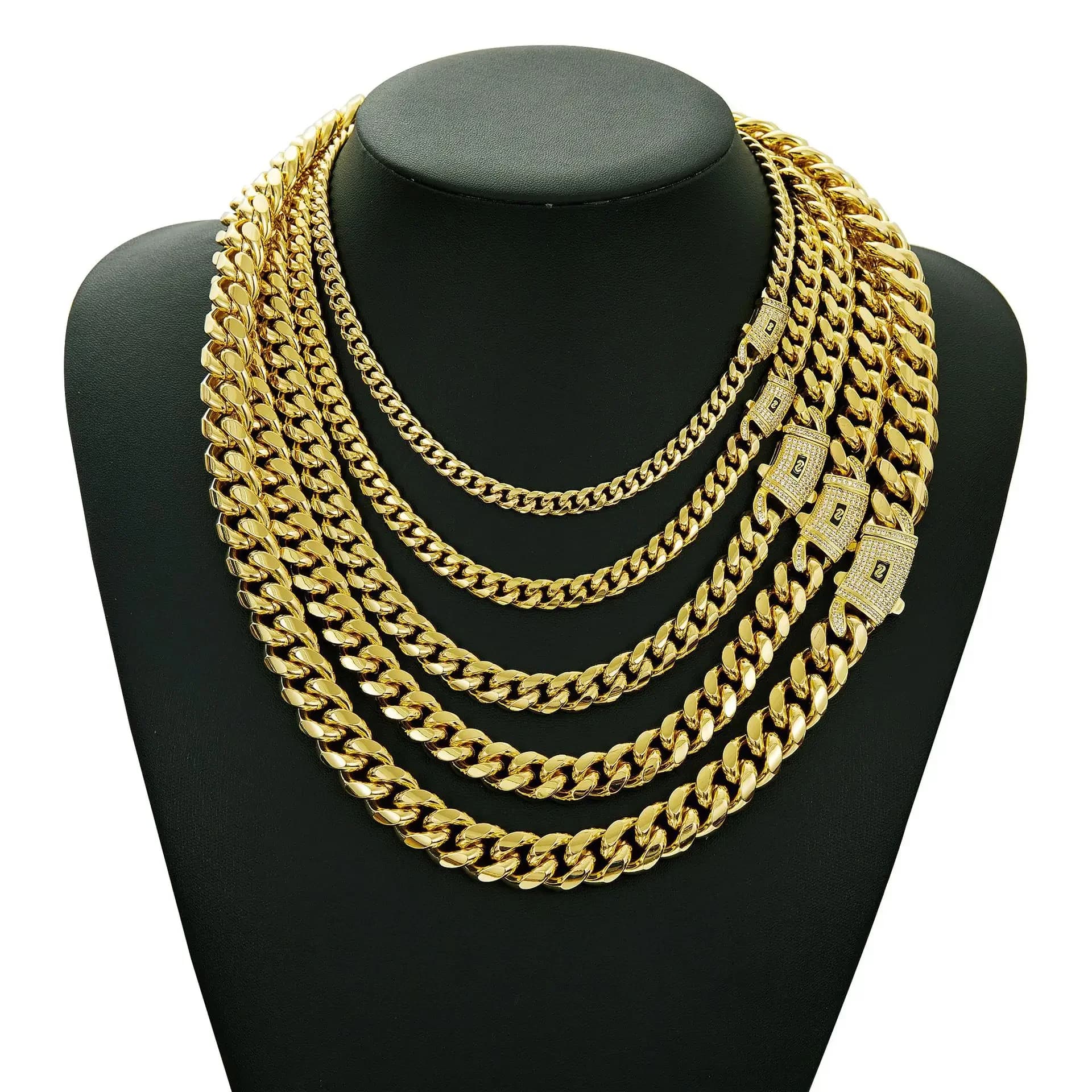 6-14mm Bling Gold Stainless Steel Cuban Miami Link Chain Necklace Inlaid CZ Zircon Box Lock Hip Hop Rock Fashion Jewelry For Men