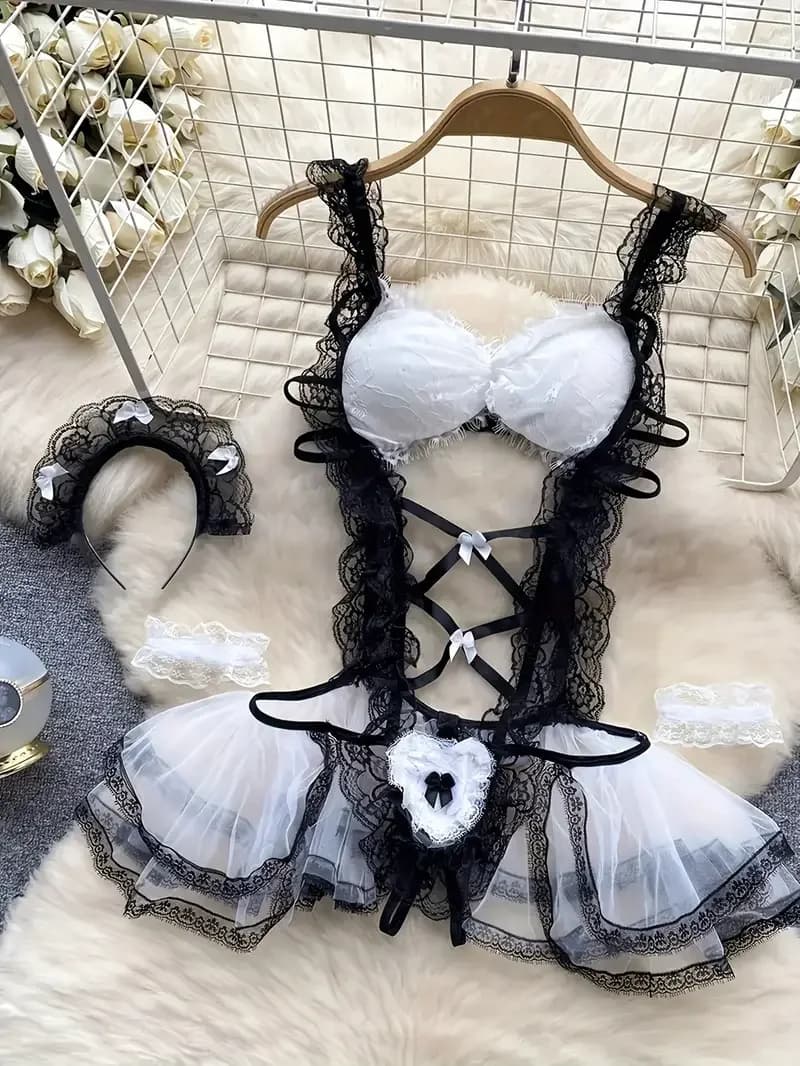 Costume da gioco di ruolo uniforme da cameriera impertinente Body per donna Lingerie sexy con fiocco in pizzo Abito con bretelle Intimo cosplay