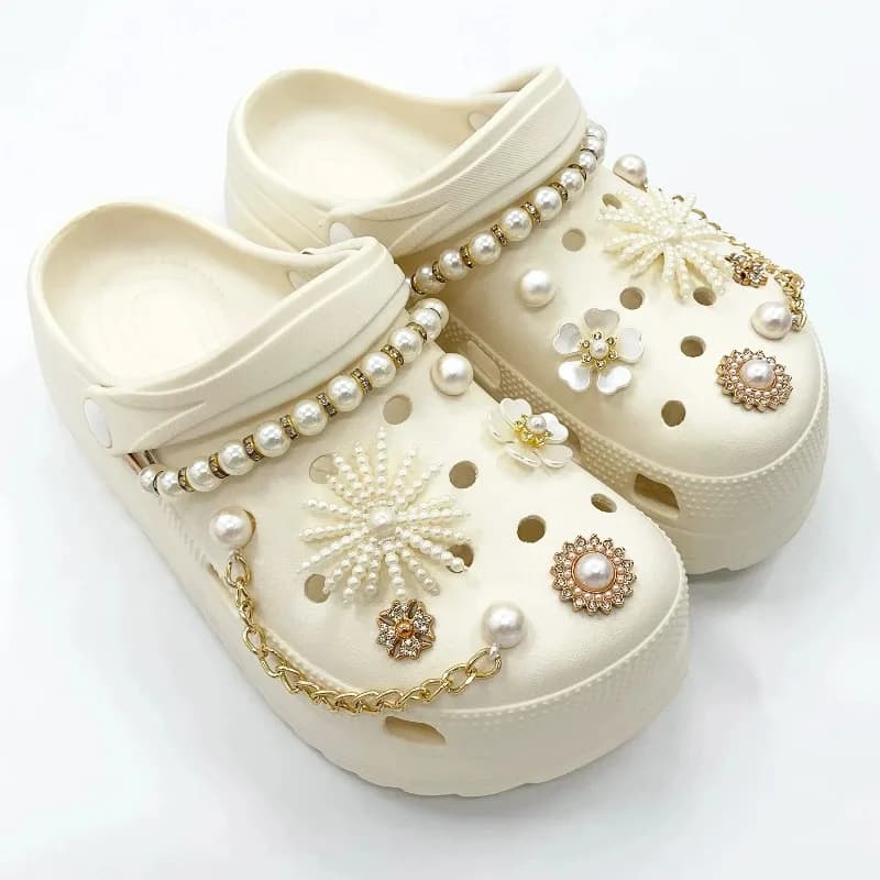 14 Pcs Set Elegant Pearls Chain Shoe Buckle Decorations Women DIY Shoe Charms Accessories for Sandals Beach Clogs Garden Shoes