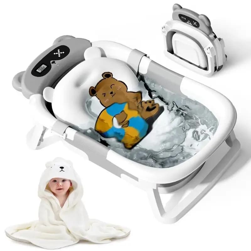 Vasca da bagno portatile da viaggio per bambini da 0 a 36 mesi, vasca da bagno pieghevole con monitor della temperatura in tempo reale e cuscino morbido per neonato
