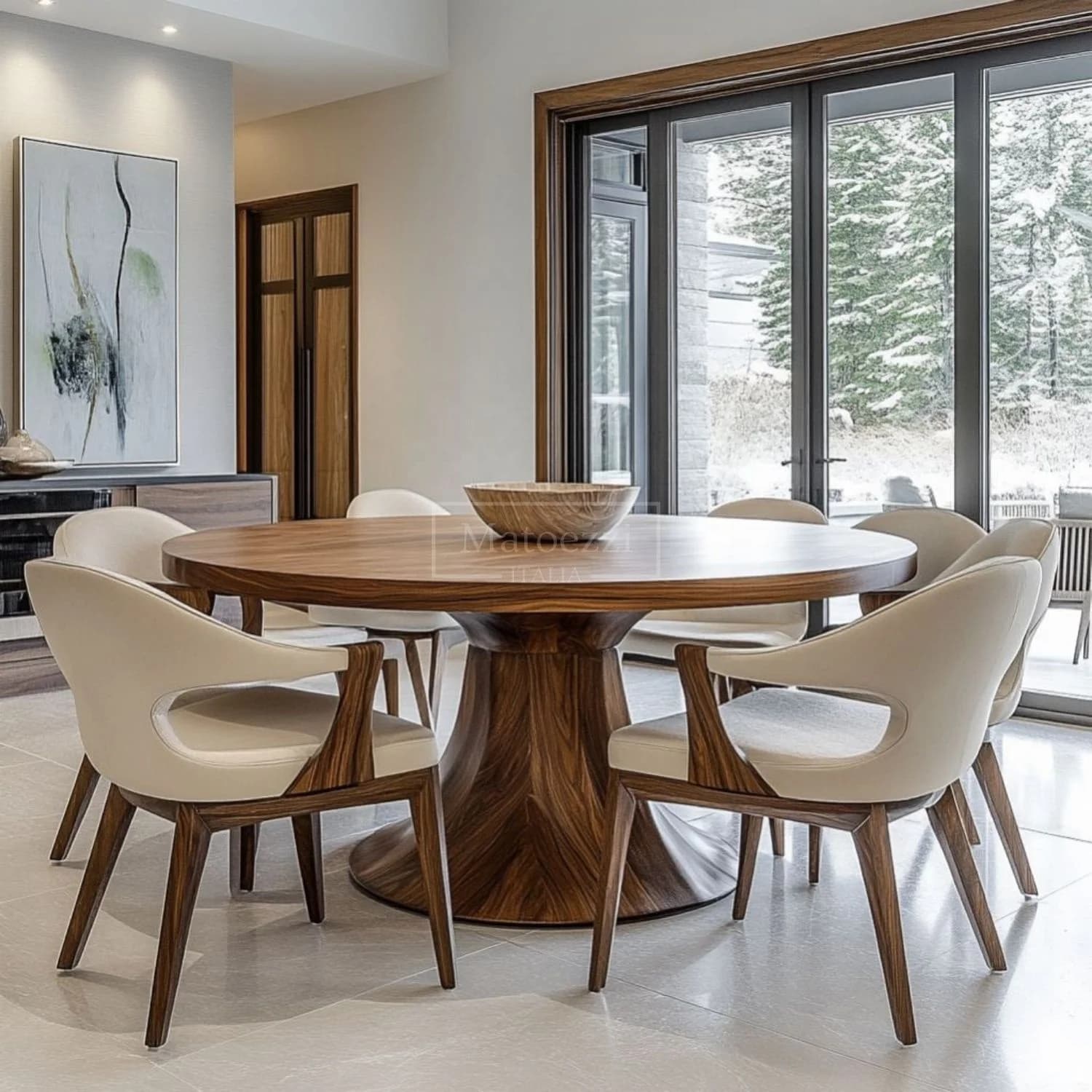 # Set di Mobili da Pranzo di Lusso Moderno, Tavolo Rotondo in Legno Massiccio con 6 Sedie