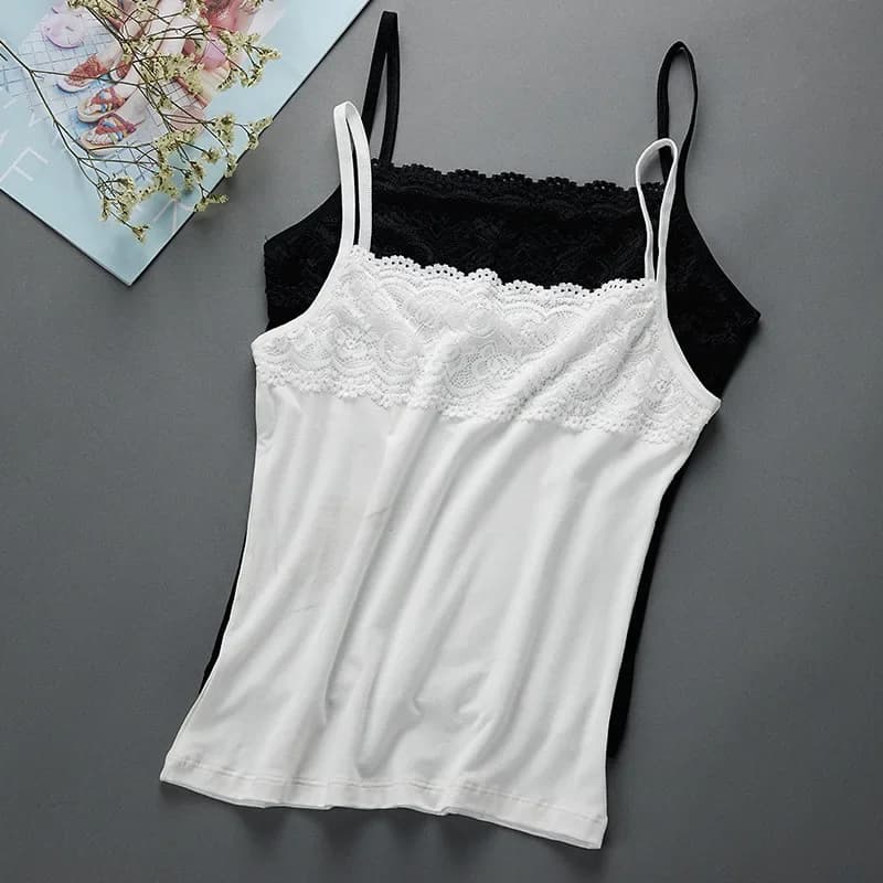 Canottiere da donna Slim Fit piccolo Top con cinturino Canotta Intimo estivo in pizzo Gilet con cinturino inferiore in bianco e nero Top in pizzo