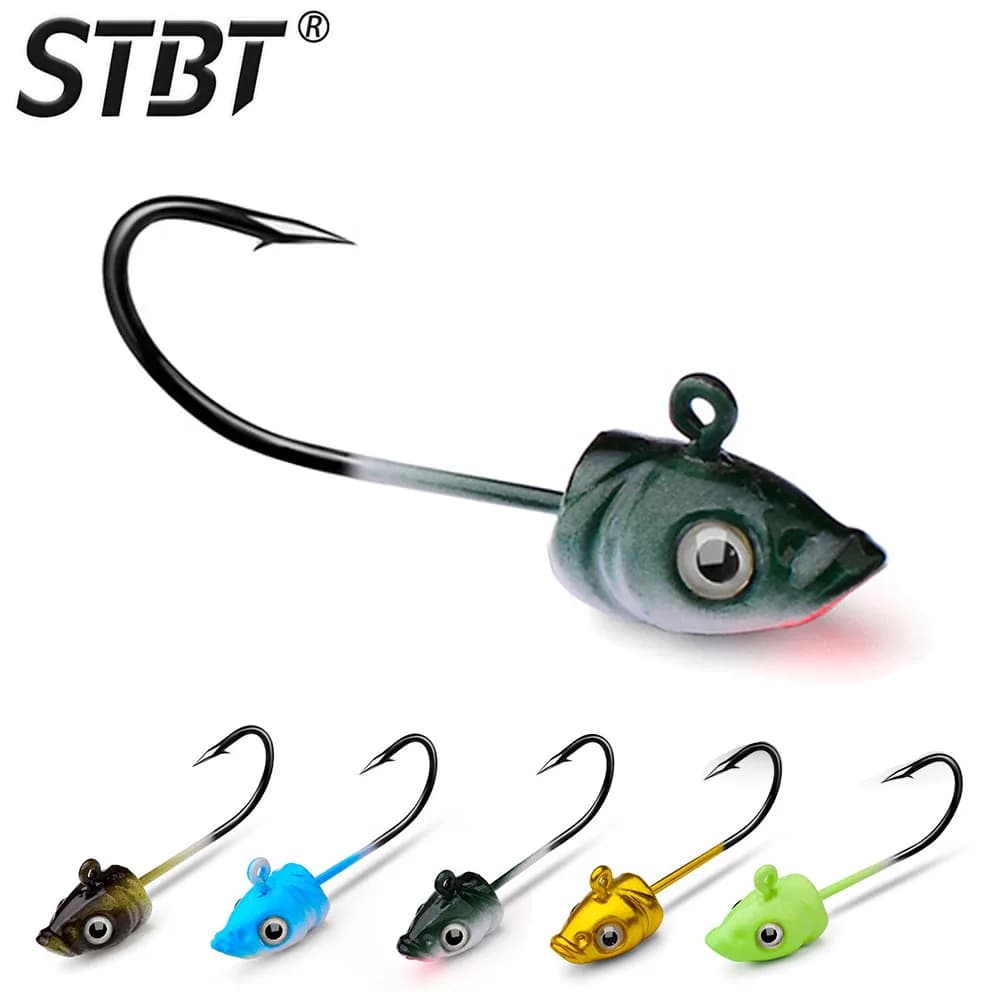 5Pcs/Set Fish Head Jig Hooks, Assorted Weights & Colors Weedless Lead Head for Soft Plastic Lures Fishing