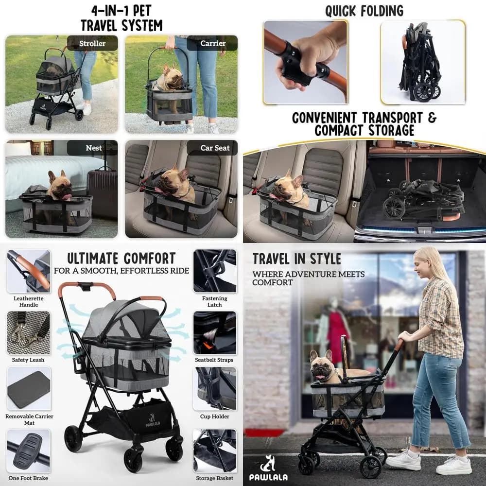 Passeggino compatto per animali domestici con marsupio rimovibile per cani e gatti di taglia piccola e media - Design conveniente in grigio metallizzato