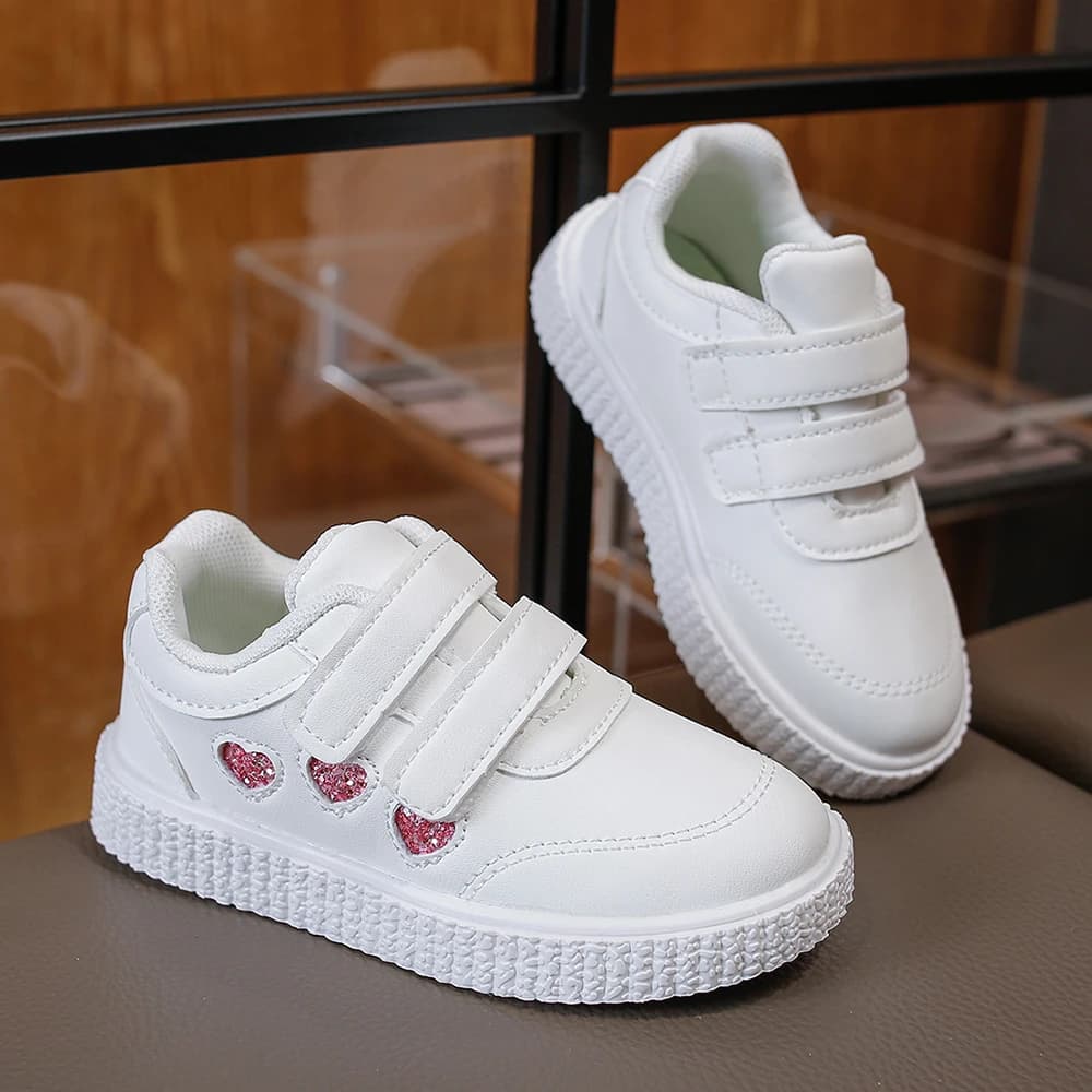 Girls White Velcro Sneakers Glitter Heart Cutout Decor Double Strap Round Toe Textured Non Slip Sole Kids Daily Casual Footwear
